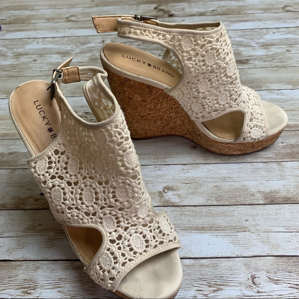 Lucky Brand ivory lace cork wedges sling back  8